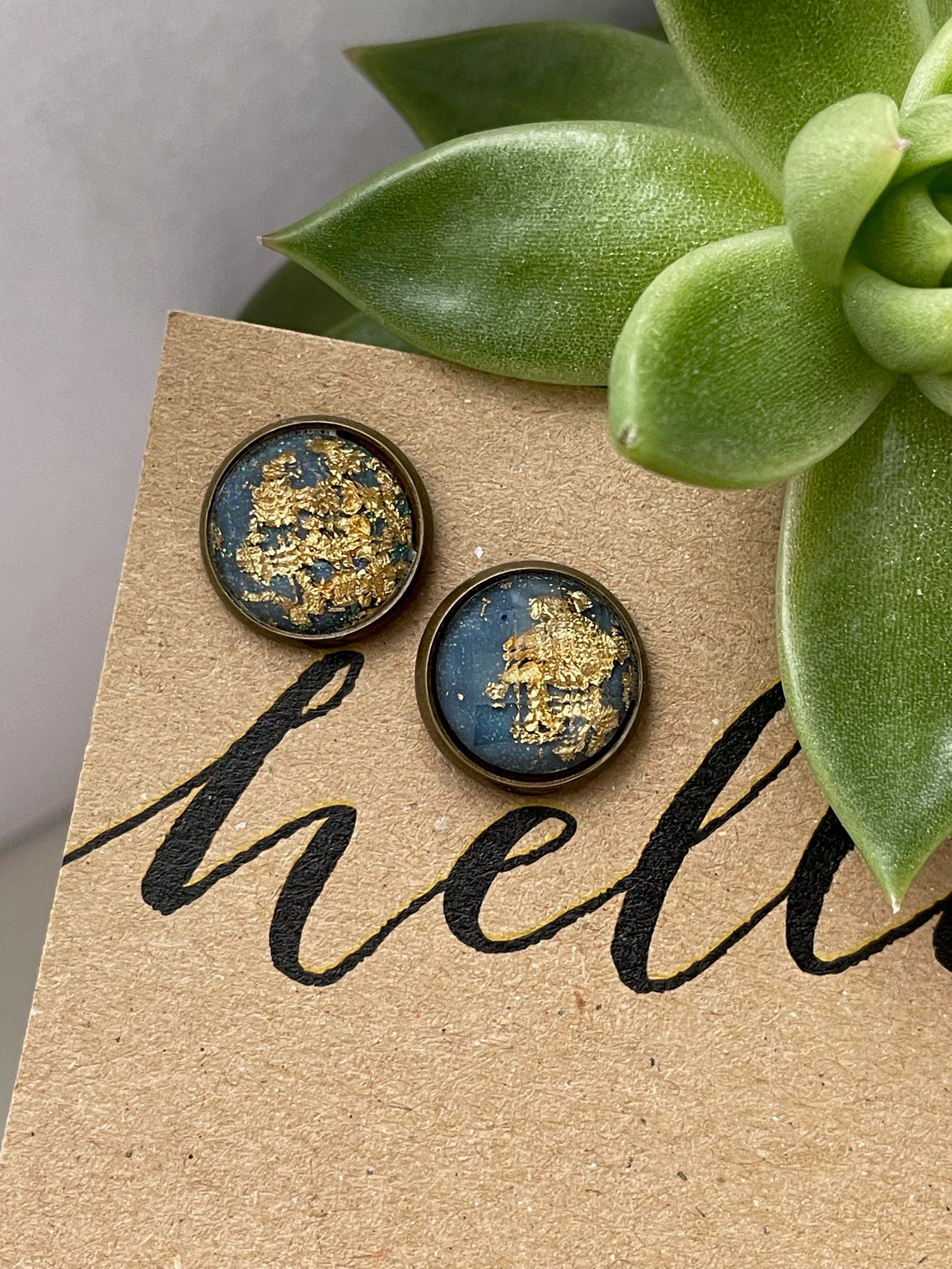 Gold Fleck Studs - Navy Blue - Bronze/Brass Bezel or Stainless Steel Crown